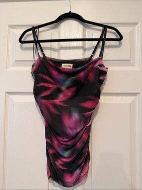 Open Edit Black Floral-Print Mesh Cowl Neck Camisole